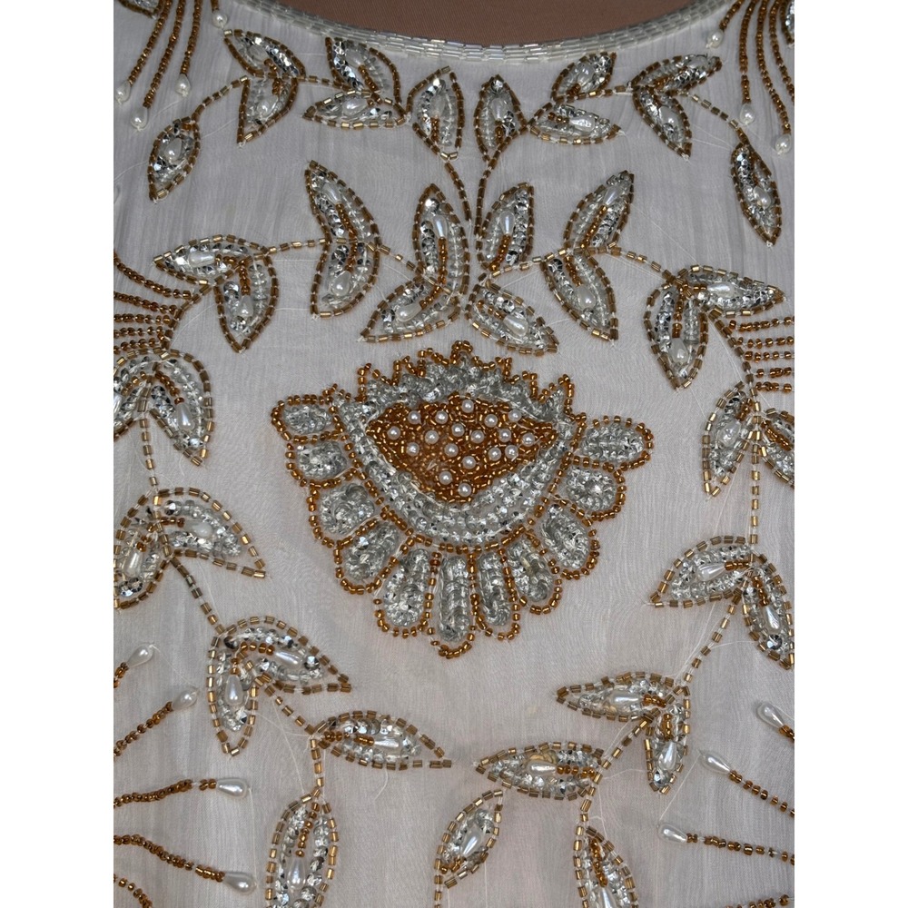 Laurence Kazar Silk Beaded Floral Blouse White Gold Silver 2X Vintage Blouse - Picture 9 of 10